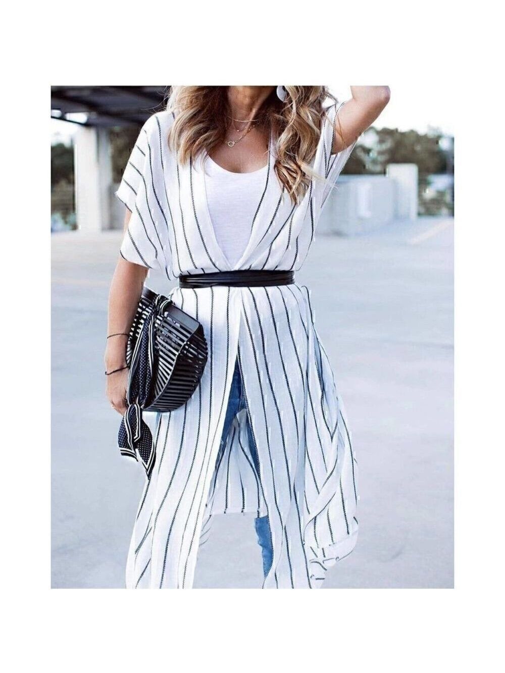Anna-Kaci Stripe Short Sleeve Kimono Outerwear Womens One Size Fit Most S-Large